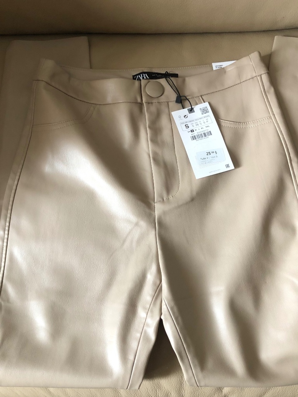 NWT Zara beige, tan vegan faux leather hi-rise ankle zip legging-size small